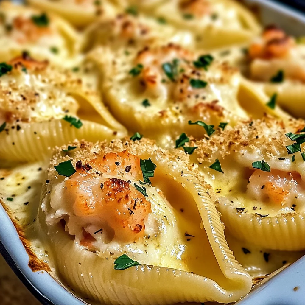 Seafood Stuffed Jumbo Shells with Creamy Cheese Sauce